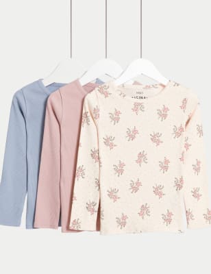 

M&S Collection 3er-Pack gerippte Oberteile mit hohem Baumwollanteil und Blumenmuster (2-8 J.) - Pink Mix, Pink Mix