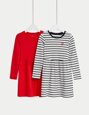 

M&S Collection 2er-Pack gestreifte und einfarbige Kleider aus reiner Baumwolle (2-8 J.) - Red Mix, Red Mix