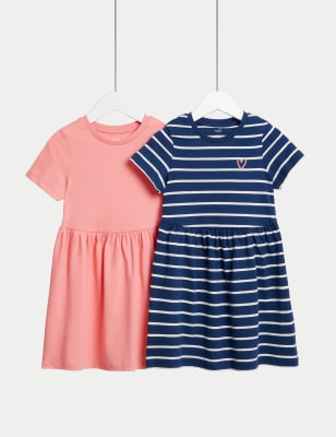 

M&S Collection Pack de 2 vestidos de algodón de rayas (2-8 años) - Carbon, Carbon