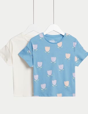 

M&S Collection 2er-Pack T-Shirts aus reiner Baumwolle mit Muster (2-8 Jahre) - Blue Mix, Blue Mix