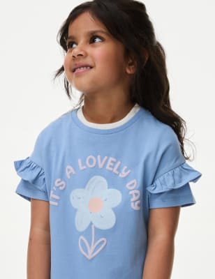 

Girls M&S Collection Pure Cotton Graphic Frill Sleeve T-Shirt (2-8 Yrs) - Blue, Blue