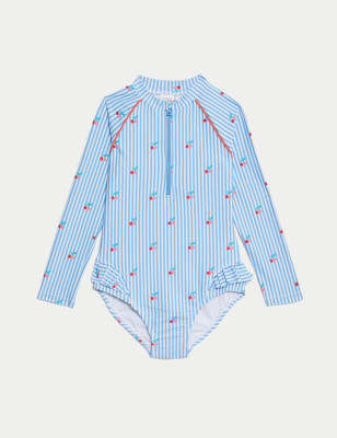 

Girls M&S Collection Seersucker Cherry Print Long Sleeve Swimsuit (2-8 Yrs) - Blue Mix, Blue Mix