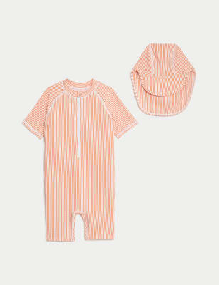 

Girls,Unisex,Boys M&S Collection 2pc Seersucker Swimsuit and Hat Set (2-8 Yrs) - Coral, Coral