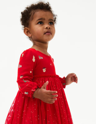 

Girls M&S Collection Jersey and Tulle Christmas Print Dress (0-3 Yrs) - Red, Red