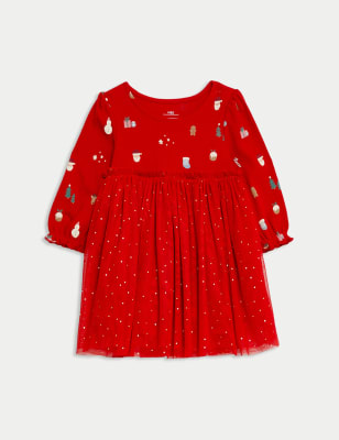 

Girls M&S Collection Jersey and Tulle Christmas Print Dress (0-8 Yrs) - Red, Red