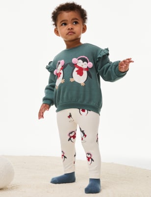 

M&S Collection Conjunto de 2 piezas de algodón con diseño de pingüinos (0-3 años) - Green Mix, Green Mix