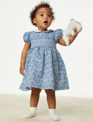 

M&S Collection Kleid aus reiner Baumwolle mit Blümchenmuster (0-3 Jahre) - Blue Mix, Blue Mix