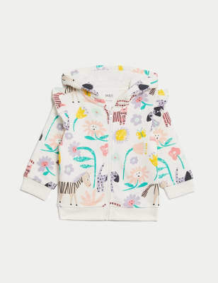 

M&S Collection Sudadera con capucha de algodón con estampado de animales (0-3 años) - Ivory Mix, Ivory Mix