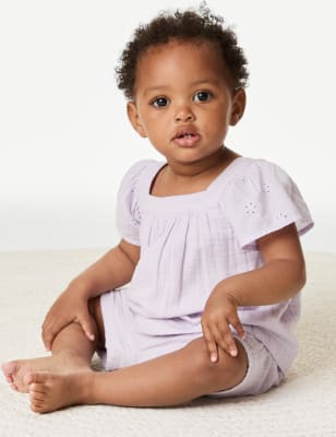 

M&S Collection 2-teiliges Outfit aus reiner Baumwolle mit Oberteil und Hose (0-3 Jahre) - Lilac, Lilac