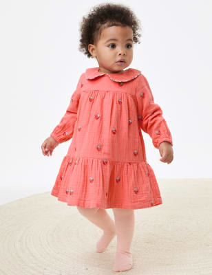 

Girls M&S Collection Cotton Rich Strawberry Dress with Tights (0-3 Yrs) - Bright Coral, Bright Coral