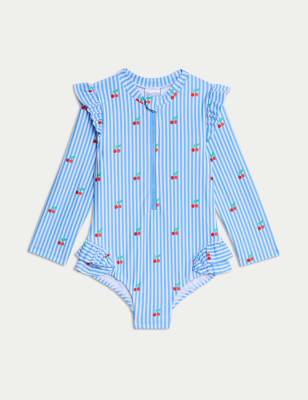 

Girls M&S Collection Cherry Stripe Frill Long Sleeve Swimsuit (0-3 Yrs) - Blue Mix, Blue Mix