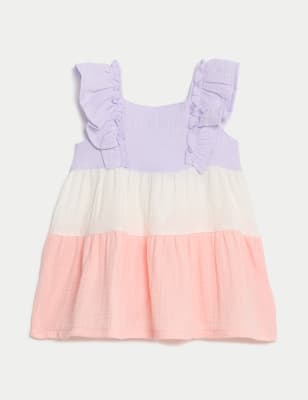 

M&S Collection Vestido 100% algodón de bloques de color con volante (0-3 años) - Pink Mix, Pink Mix