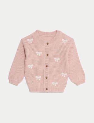 

M&S Collection Strickjacke aus reiner Baumwolle mit Stickerei und Schleife (0-3 Jahre) - Pink, Pink