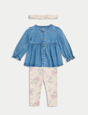 

M&S Collection Conjunto de 3 piezas de algodón con flores y denim (0-3 años) - Denim Mix, Denim Mix