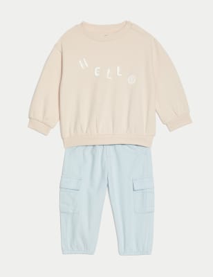 

M&S Collection 2-teiliges Outfit mit hohem Baumwollanteil bestehend aus Oberteil mit „Hello“-Schriftzug und Hose (0-3 J.) - Blue Mix, Blue Mix