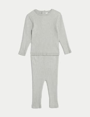 

M&S Collection 2-teiliges Outfit mit hohem Baumwollanteil, Oberteil und Hose mit Rippenmuster (0-3 J.) - Grey Marl, Grey Marl