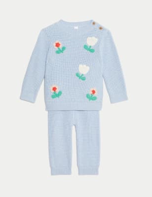 

Girls M&S Collection 2pc Pure Cotton Knitted Floral Outfit (0-3 Yrs) - Blue, Blue