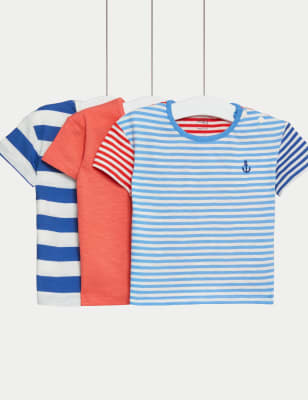 

M&S Collection Pack de 3 camisetas 100% algodón lisas y de rayas (0-3 años) - Multi, Multi