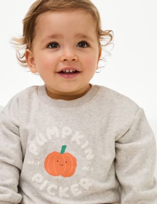 

Boys M&S Collection Cotton Rich Pumpkin Picker Halloween Sweatshirt (0-3 Yrs) - Grey Marl, Grey Marl