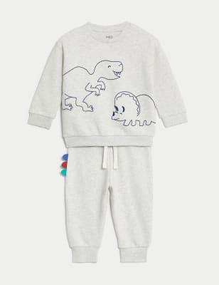 

M&S Collection Conjunto de 2 piezas de algodón con diseño de dinosaurio (0-3 años) - Grey Marl, Grey Marl
