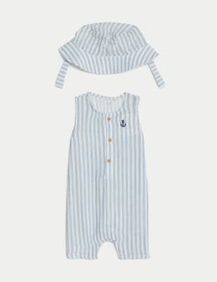 

M&S Collection 2-Teiliges, gestreiftes Strampler-Outfit aus reiner Baumwolle mit Mütze (0-3 J.) - Blue Mix, Blue Mix
