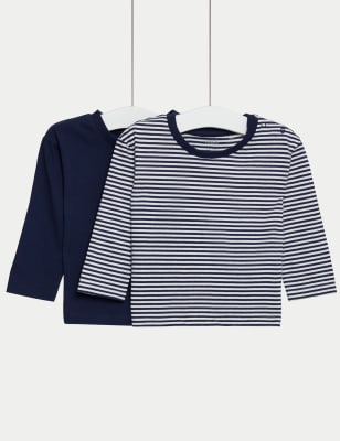 

M&S Collection 2er-Pack Oberteile aus reiner Baumwolle, einfarbig und gestreift (0-3 J.) - Multi, Multi