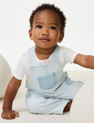 

M&S Collection 2-teiliges gestreiftes Latzhosen-Outfit aus reiner Baumwolle (0-3 J.) - Blue Mix, Blue Mix