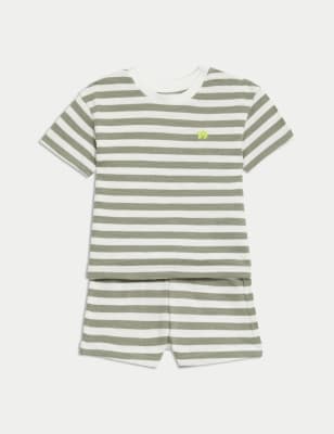 

M&S Collection Conjunto de 2 piezas 100% algodón con pantalón corto de rayas (0-3 años) - Green Mix, Green Mix
