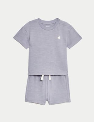 

M&S Collection Conjunto de 2 piezas 100% algodón con pantalón corto y diseño de elefante (0-3 años) - Blue, Blue
