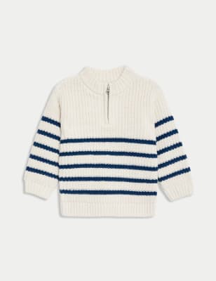 

M&S Collection Gestreifter Strickpullover mit Reißverschluss (0-3 J.) - Cream Mix, Cream Mix