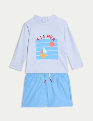 

M&S Collection 2-tlg. Set bestehend aus Badeshirt und Schwimmshorts mit „A La Mer“-Slogan (0-6 J.) - Blue, Blue