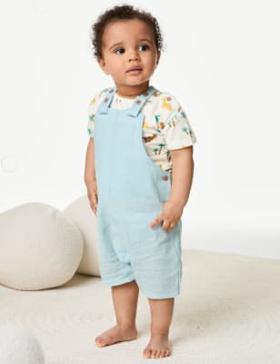

M&S Collection Conjunto de 2 piezas de algodón con babero con diseño de dinosaurio (0-3 años) - Blue, Blue