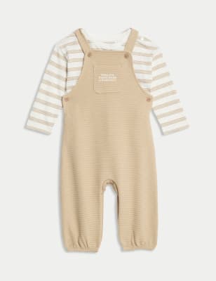 M&S Collection Boys 2pc Pure Cotton Dungaree Outfit (0 Mnths - 3 Yrs) - 3-6 M - Brown Mix, Brown Mix