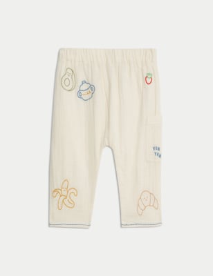 

M&S Collection Hose aus reiner Baumwolle mit augestickten Motiven zum Thema Esssachen (0-3 J.) - Cream, Cream