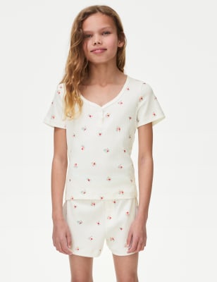 

M&S Collection Schlafanzug aus reiner Baumwolle mit Blumenmuster (6-16 J.) - White/White, White/White