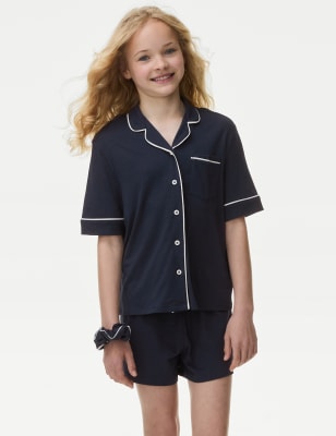 M&S Girls Cotton Blend Pyjamas & Scrunchie (3-16 Yrs) - 8-9 Y - Indigo, Indigo