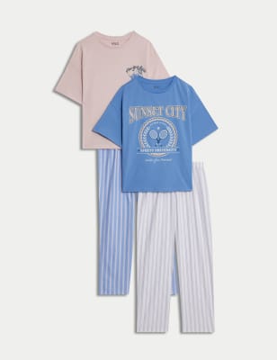 

Girls M&S Collection 2pk Pure Cotton Striped Pyjama Sets (6-16 Yrs) - Blue Mix, Blue Mix