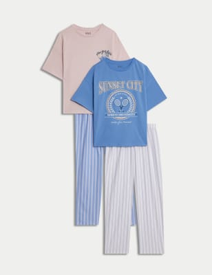 

M&S Collection 2er-Pack Schlafanzugsets aus reiner Baumwolle mit Streifenmuster (6-16 Jahre) - Blue Mix, Blue Mix