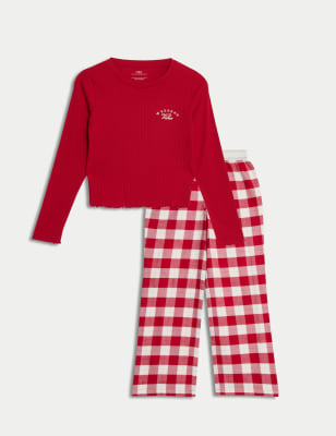 M&S Girls Cotton Rich Checked Pyjamas (6-16 Yrs) - 9-10Y - Red, Red