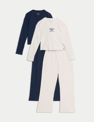 

M&S Collection 2er-Pack Schlafanzugsets aus reiner Baumwolle, davon eines mit Blümchendesign und das andere einfarbig (6-16 J.) - Navy, Navy