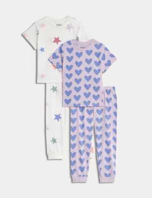 M&S Girls 2pk Pure Cotton Heart and Star Pyjamas (1-8 Yrs) - 6-7 Y - Ivory Mix, Ivory Mix