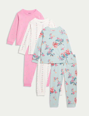 M&S Girls 3pk Pure Cotton Floral Pyjama Sets (1-8 Yrs) - 5-6 Y - Pink Mix, Pink Mix