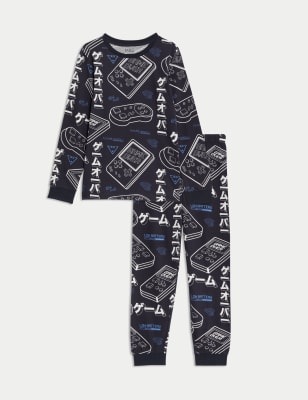 M&S Boys Pure Cotton Gaming Print Pyjamas (7-14 Yrs) - 9-10Y - Carbon, Carbon