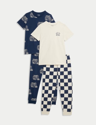 M&S Boys 2pk Pure Cotton Food Truck Pyjama Sets (6-16 Yrs) - 14-15 - Indigo, Indigo