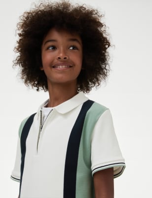 

M&S Collection Polo 100% algodón de rayas con media cremallera (6-16 años) - Green Mix, Green Mix