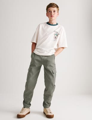 Boys M&S Cotton Rich Stretch Cargo Trousers (6-16 Yrs), Khaki