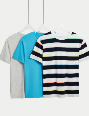

M&S Collection 3er-Pack T-Shirts mit hohem Baumwollanteil, einfarbig und mit Streifenmuster (6-16 J.) - Blue Mix, Blue Mix
