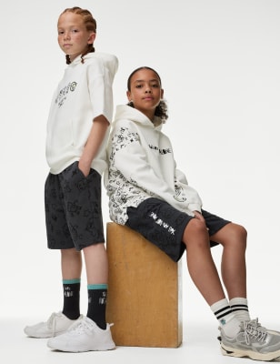 

M&S X THE DOODLE BOY Gemusterte Shorts mit hohem Baumwollanteil (6-16 J.) - Black, Black