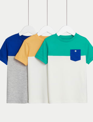 

M&S Collection Pack de 3 camisetas 100% algodón de bloques de color (2-8 años) - Multi, Multi