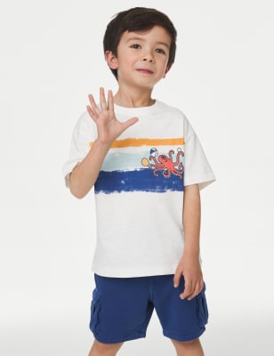 

M&S Collection T-Shirt aus reiner Baumwolle mit Tintenfischmotiv (2-8 J.) - White Mix, White Mix